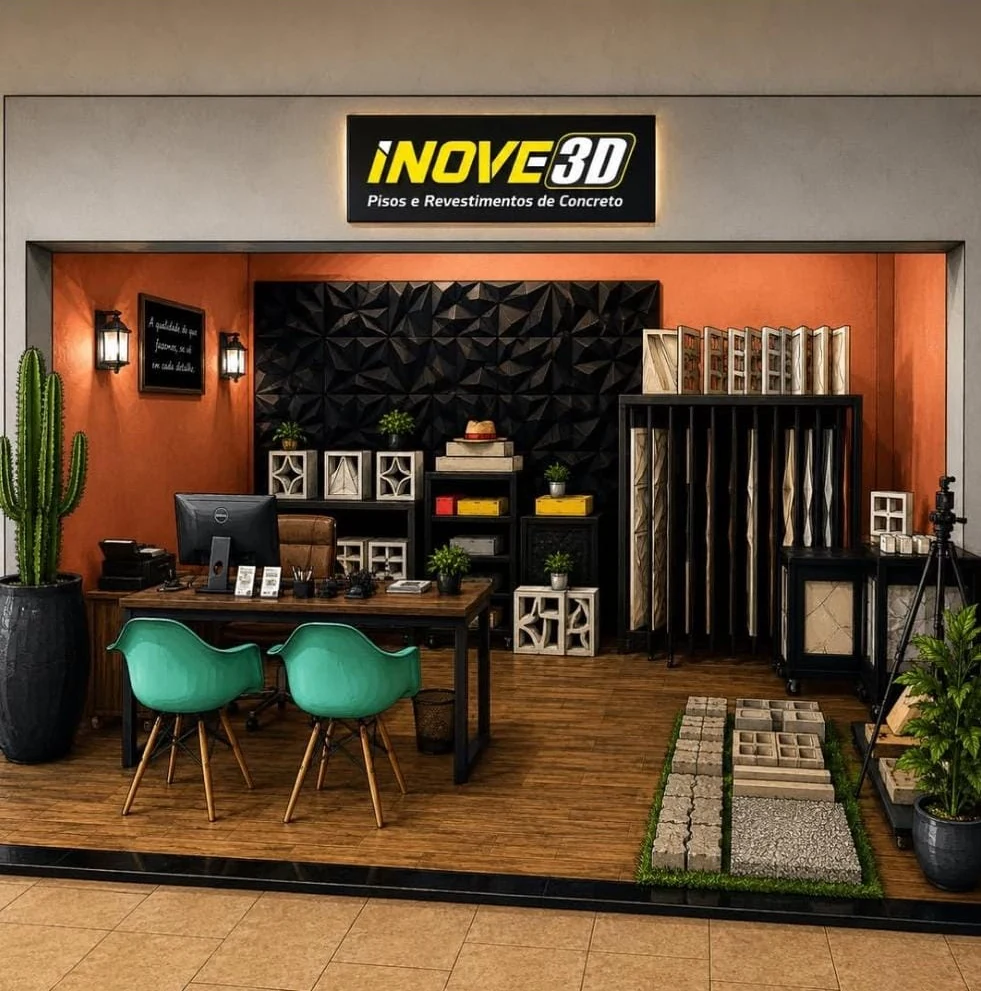 Showroom da Inove3D com pisos e revestimentos de concreto